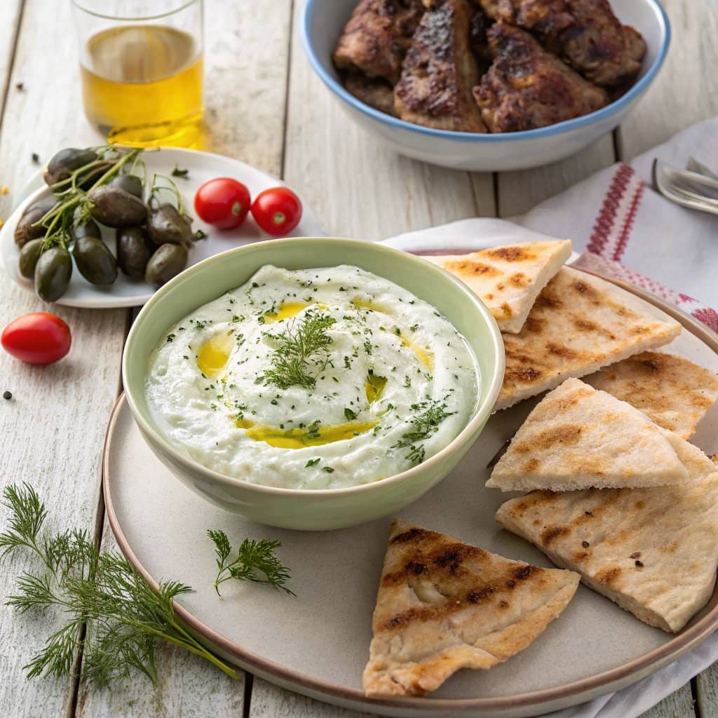Greek yogurt, grated cucumber, garlic, and a splash of olive oil. Serve it with warm pita
