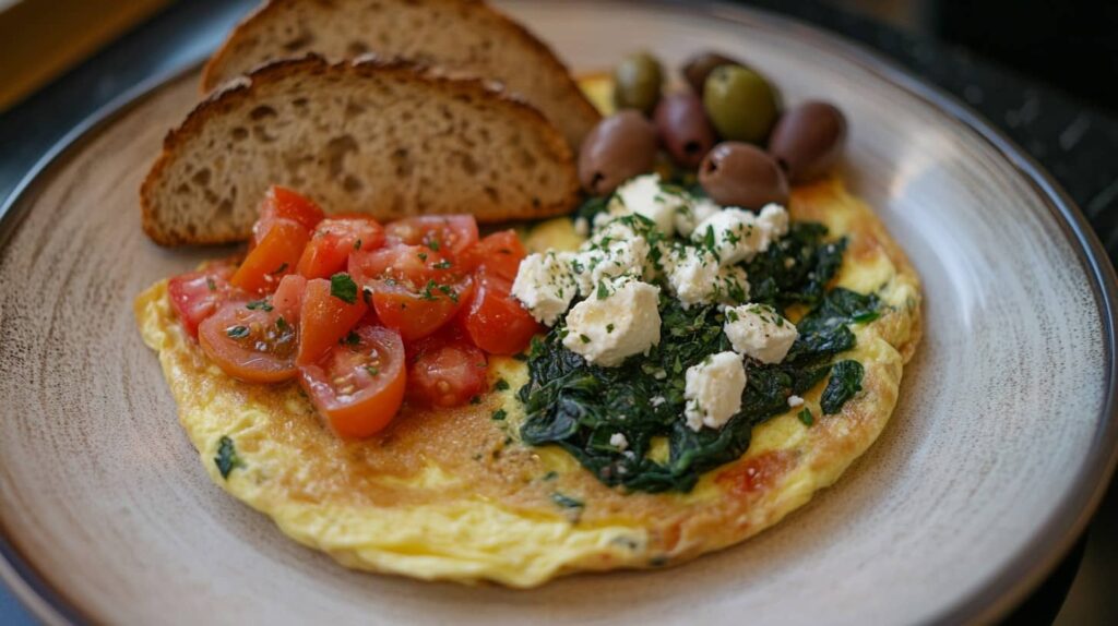 Delicious Mediterranean-style omelette with feta cheese, spinach, and tomatoes served with a side of whole-grain bread and olives