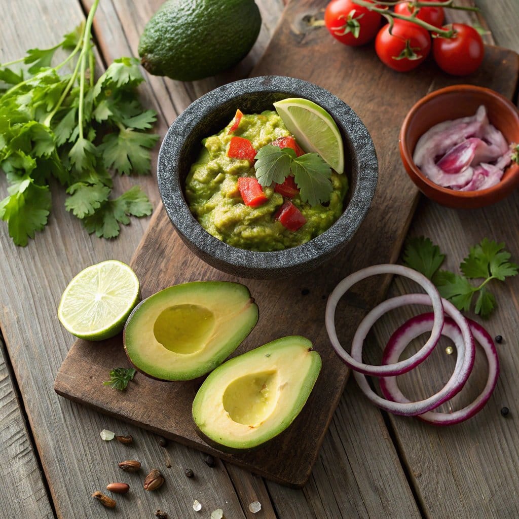 Fresh guacamole ingredients arranged on a table, including ripe avocados, jalapeños, red onion, cilantro, lime, garlic, and a bowl of diced tomatoes