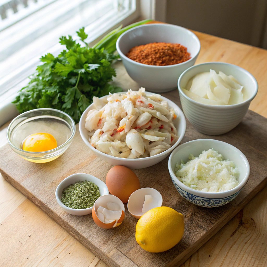 Ingredients for gluten-free crab cakes, including crab meat, gluten-free breadcrumbs, eggs, parsley, and seasonings, arranged neatly on a kitchen counter.