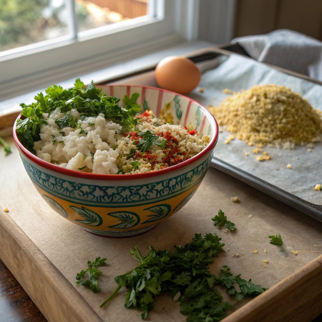 gluten-free crab cakes from a mixture in a bowl, with parchment paper on a baking tray nearby."