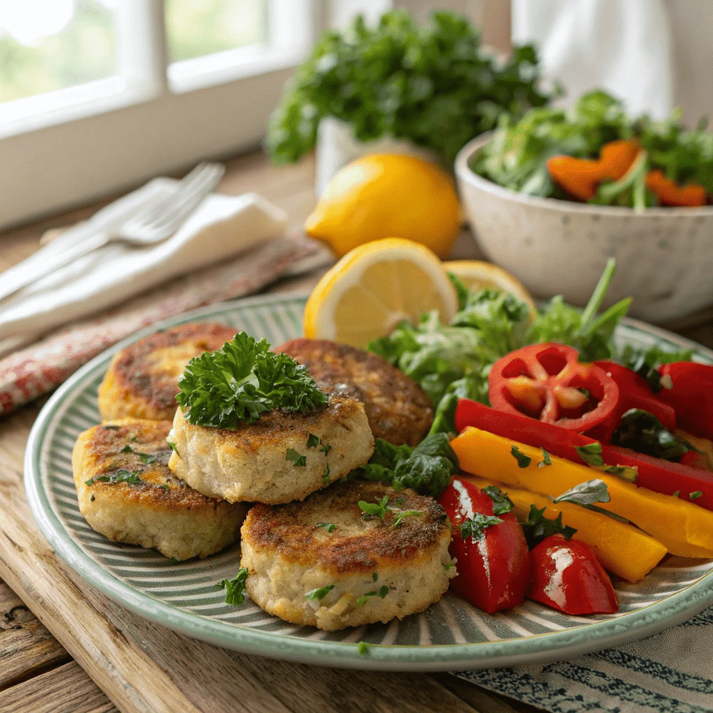 Gluten-free crab cakes served with a green salad, roasted vegetables, and a lemon wedge on a rustic plate.