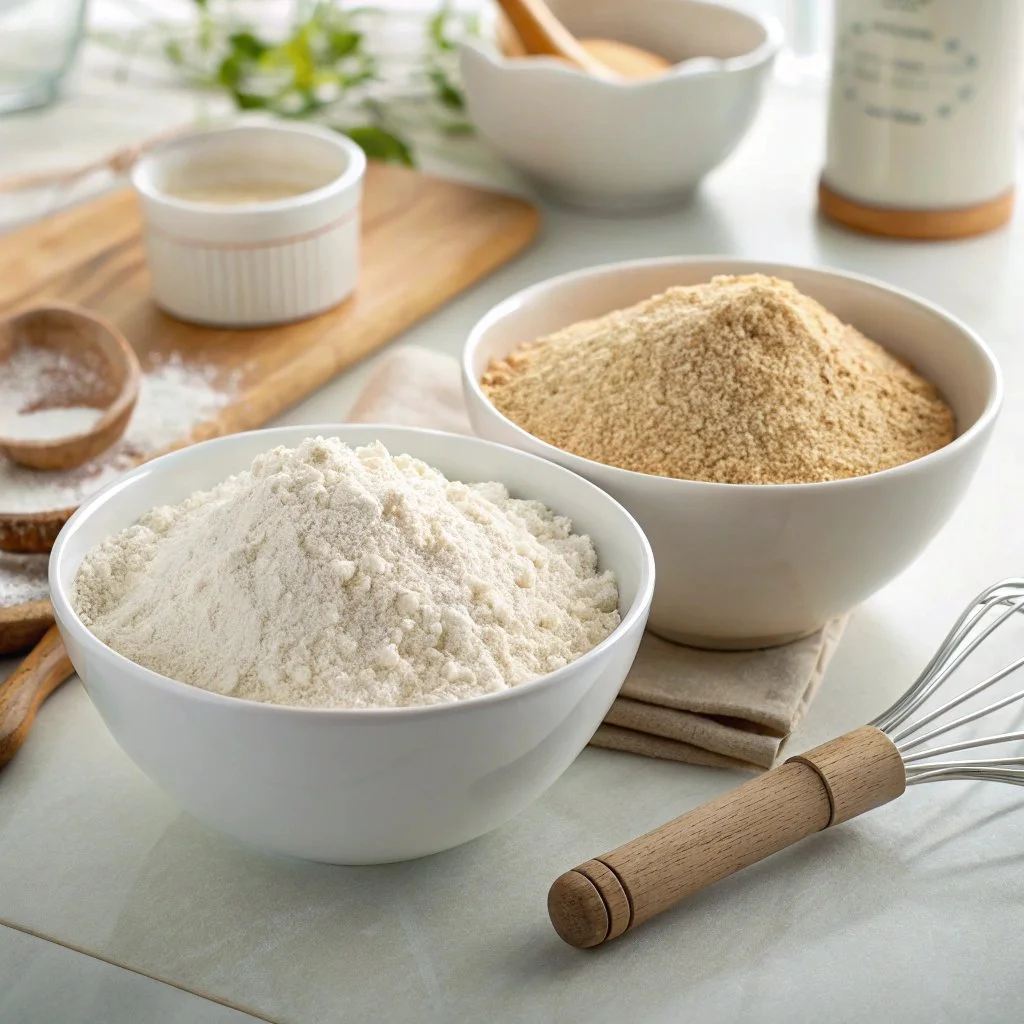 A comparison of wheat flour and gluten-free flour on a kitchen counter.