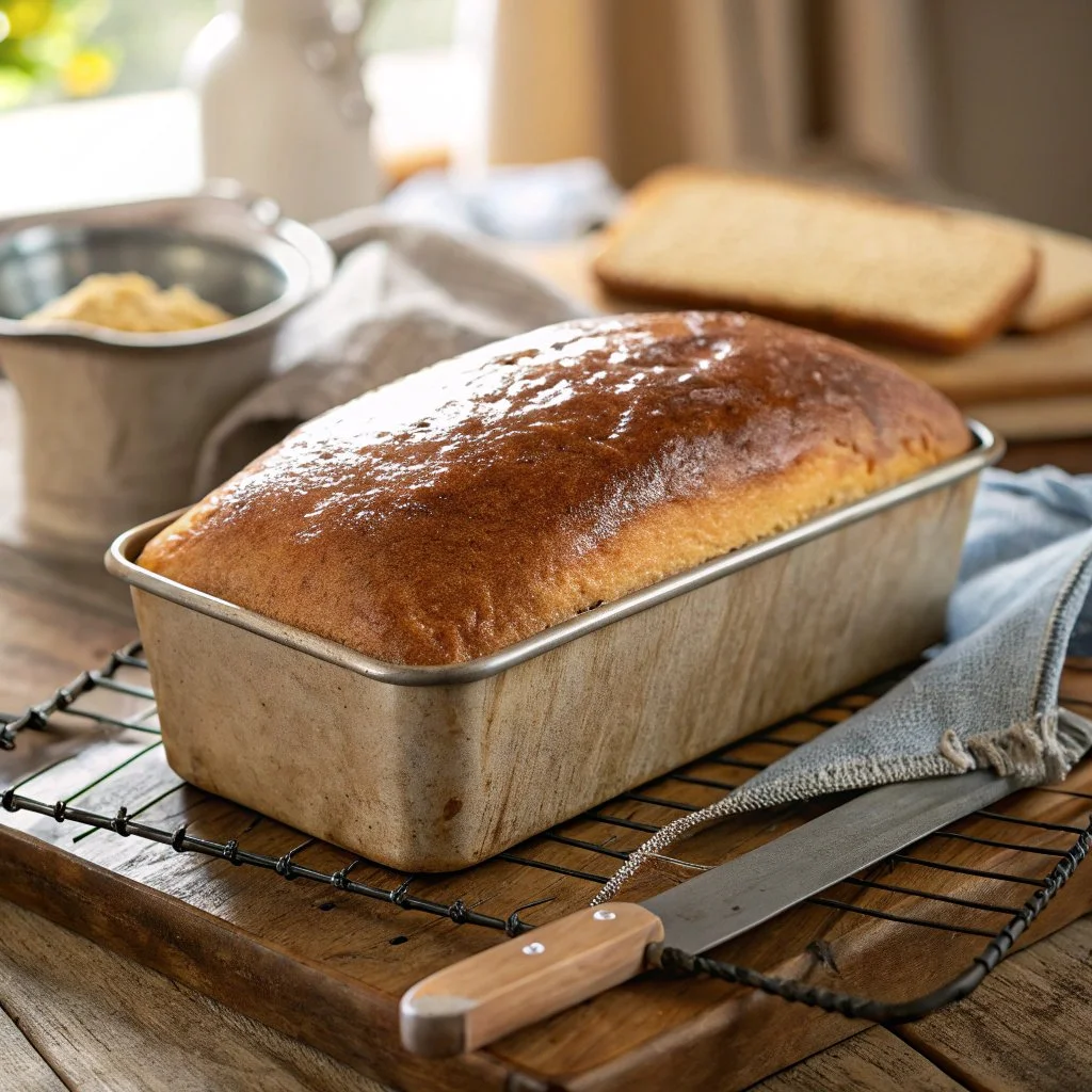 A loaf of gluten-free bread fresh out of the oven in a metal pan