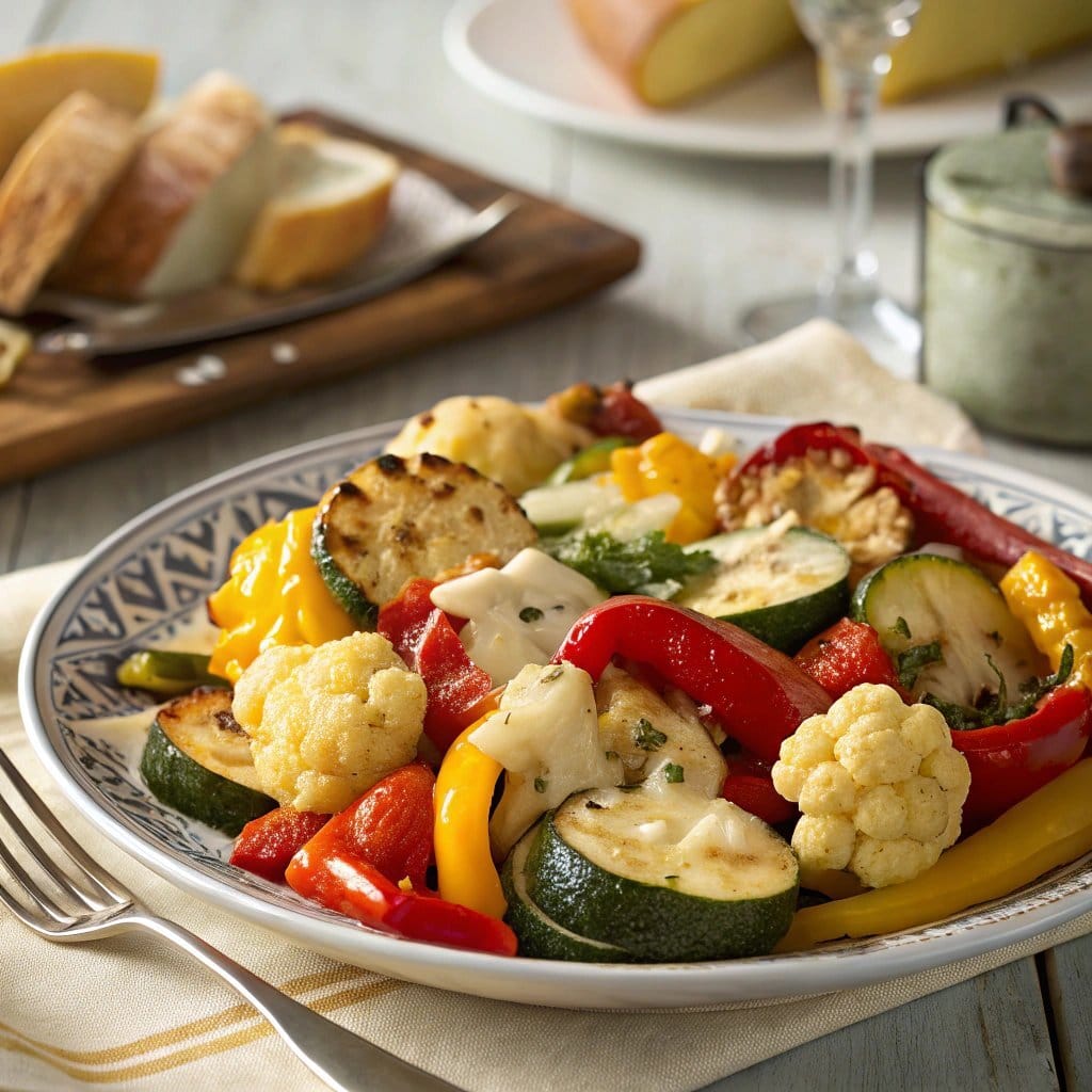 A plate of roasted vegetables topped with melted cheese