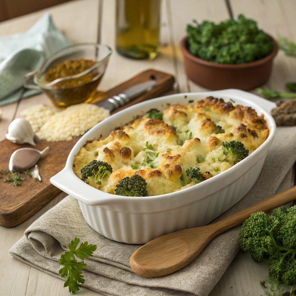 A creamy broccoli and cauliflower bake fresh out of the oven