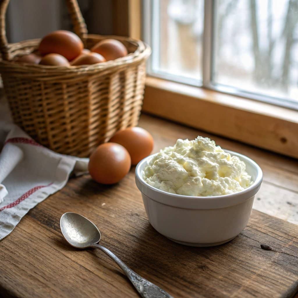 A bowl of cottage cheese next to fresh eggs on a wooden counter