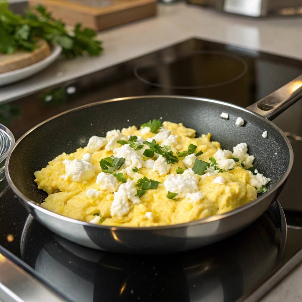 A skillet with scrambled eggs mixed with cottage cheese