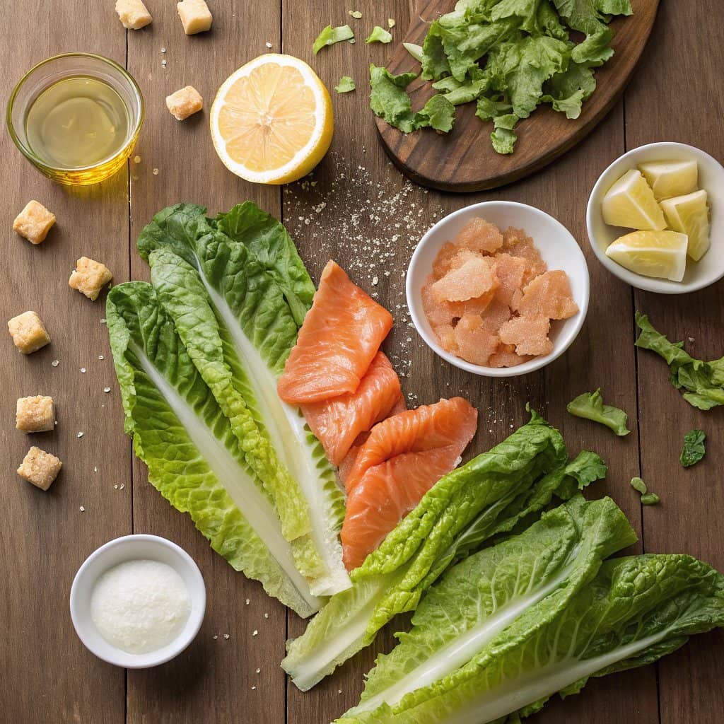 Fresh ingredients for a Salmon Caesar Salad arranged on a table