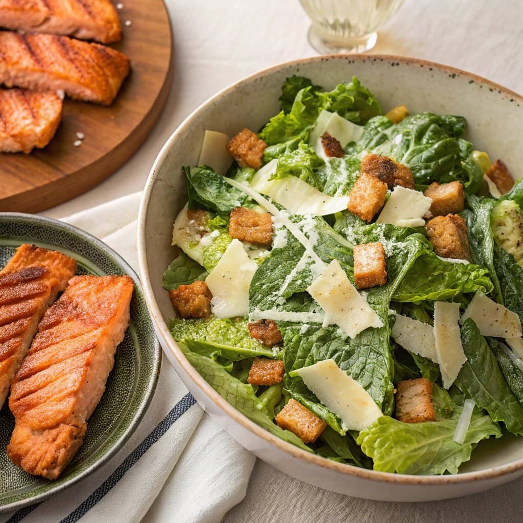 A bowl of Salmon Caesar Salad being assembled with lettuce and croutons