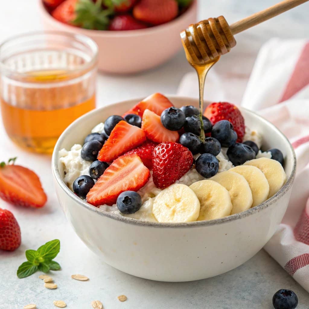 Cottage cheese topped with fresh fruits and honey