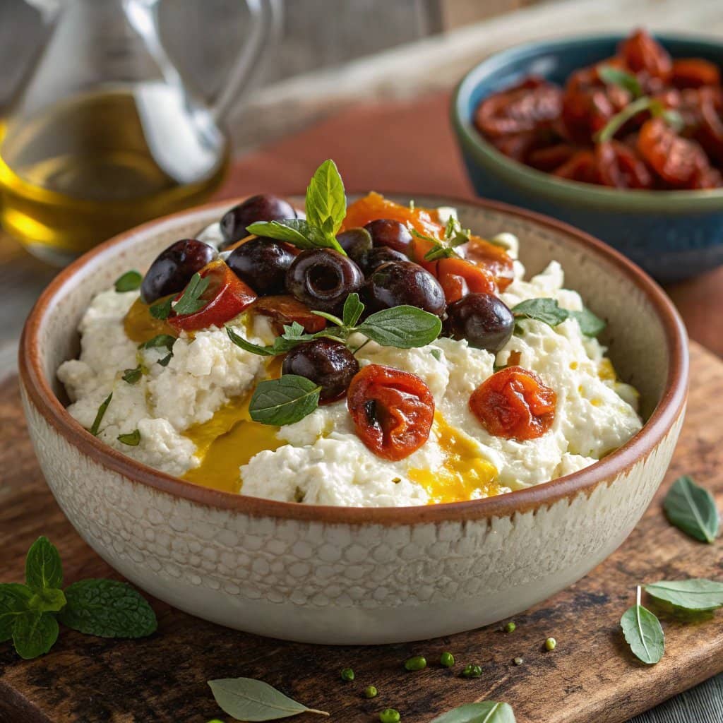 Cottage cheese with olives and sun-dried tomatoes