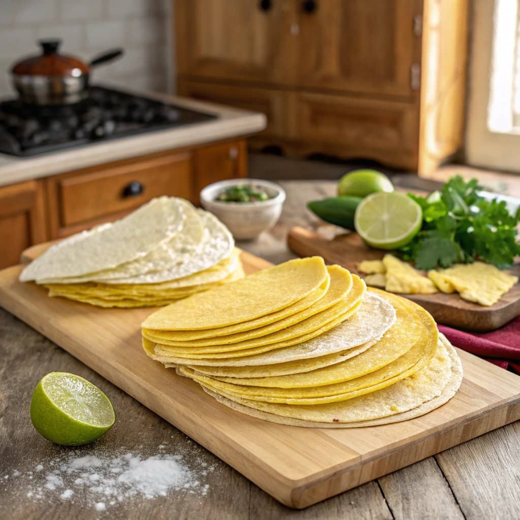 Corn and flour tortillas on a wooden board