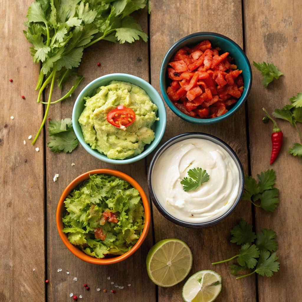 A variety of taco toppings and sauces