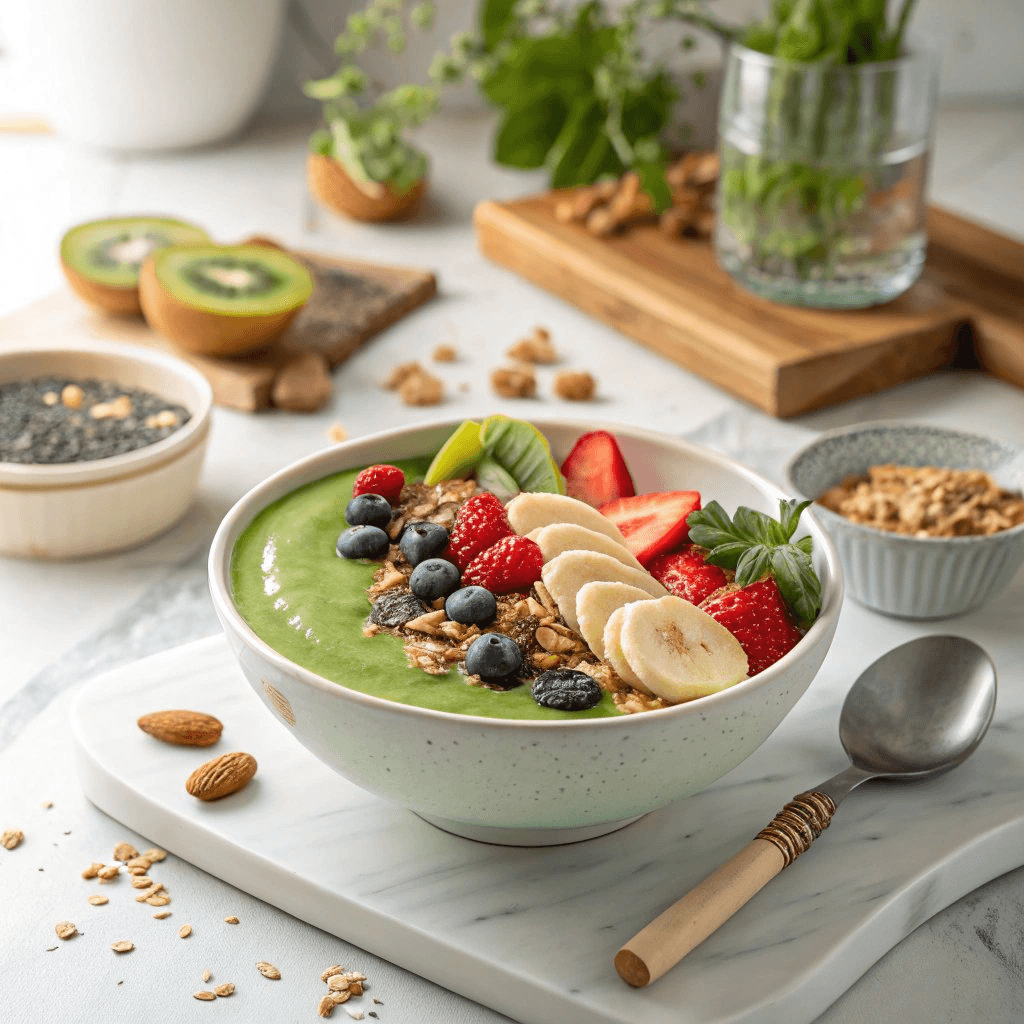 Alkaline Smoothie Bowl Recipe A vibrant smoothie bowl topped with fresh berries, chia seeds, and almonds.