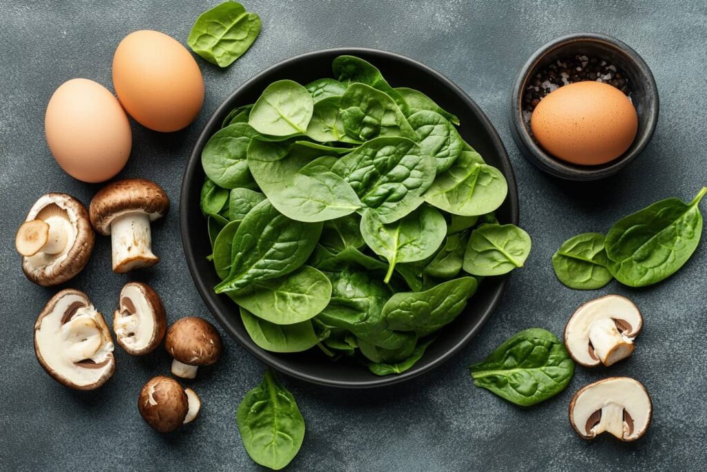 A Flat Lay Of Spinach, Mushrooms, Eggs Ingredients Ready To Prepare A Healthy Spinach Mushroom Omelet