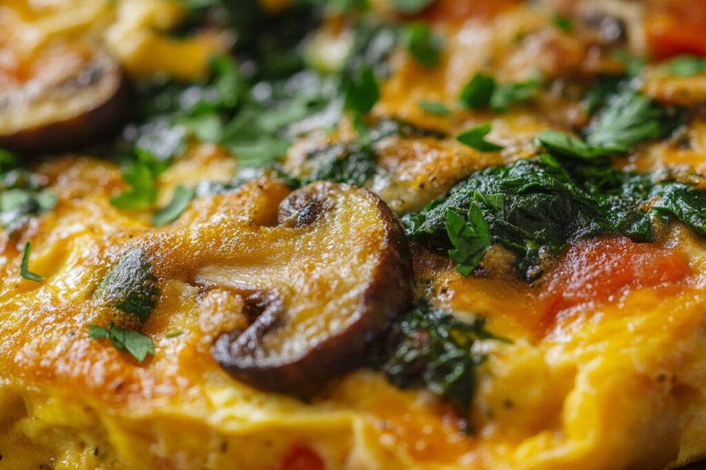 Close Up Of A Golden, Fluffy Omelet Filled With Sautéed Spinach And Mushrooms