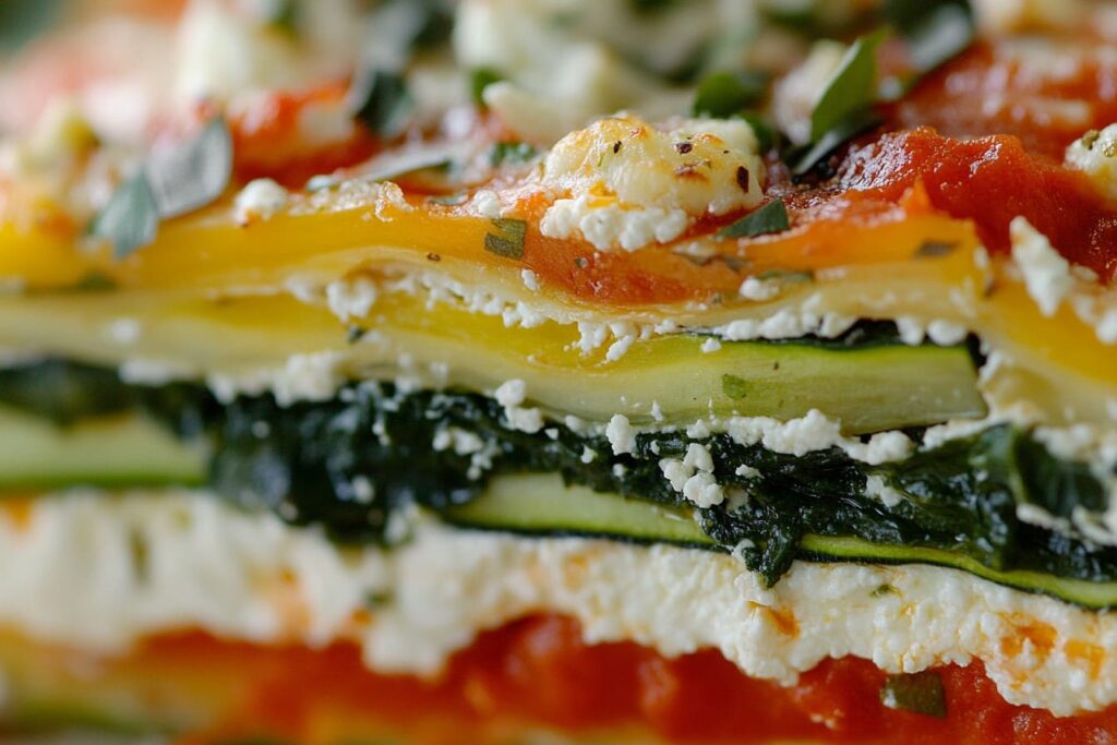 Close-up of a slice of healthy lasagna showcasing colorful layers of zucchini, spinach, marinara sauce, ricotta, and gooey mozzarella cheese.