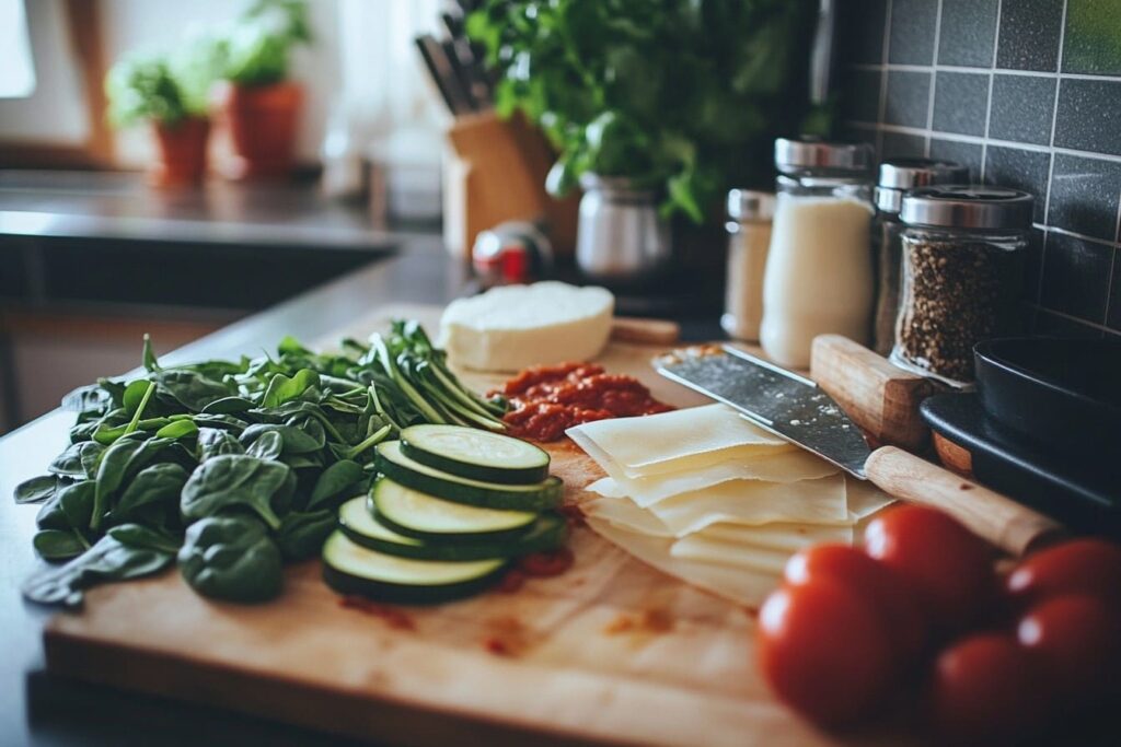 Fresh ingredients for a healthy lasagna recipe, including zucchini, spinach, ricotta, mozzarella, marinara sauce, and whole-grain lasagna sheets, arranged on a kitchen counter