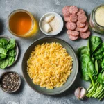 A flat-lay of ingredients for one-pot orzo with sausage, spinach, and corn, including orzo pasta, crumbled sausage, fresh spinach, corn kernels, chopped onion, minced garlic, Parmesan cheese, broth, and seasonings on a neutral stone background